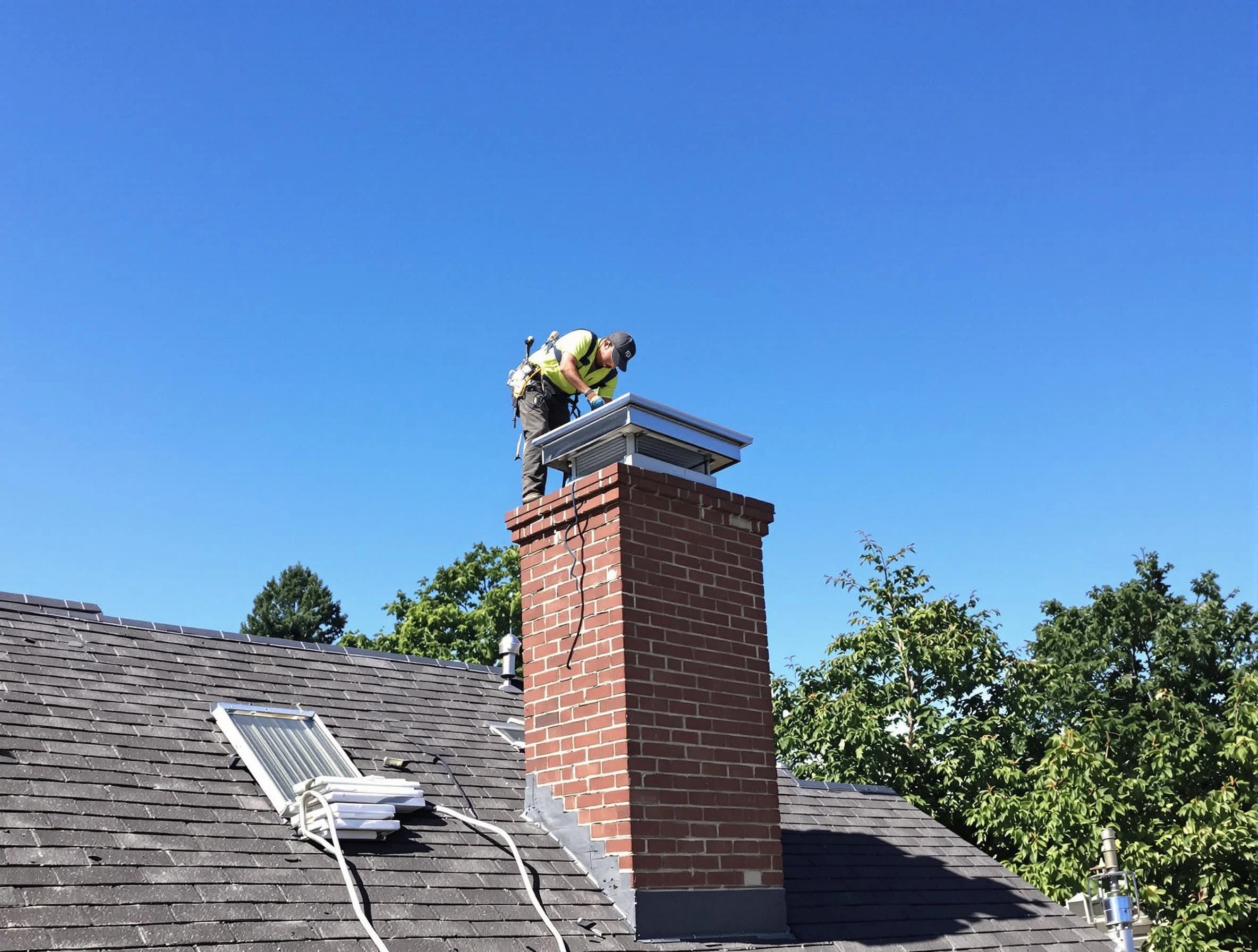 Bessemer Chimney Sweep technician measuring a chimney cap in Bessemer, AL